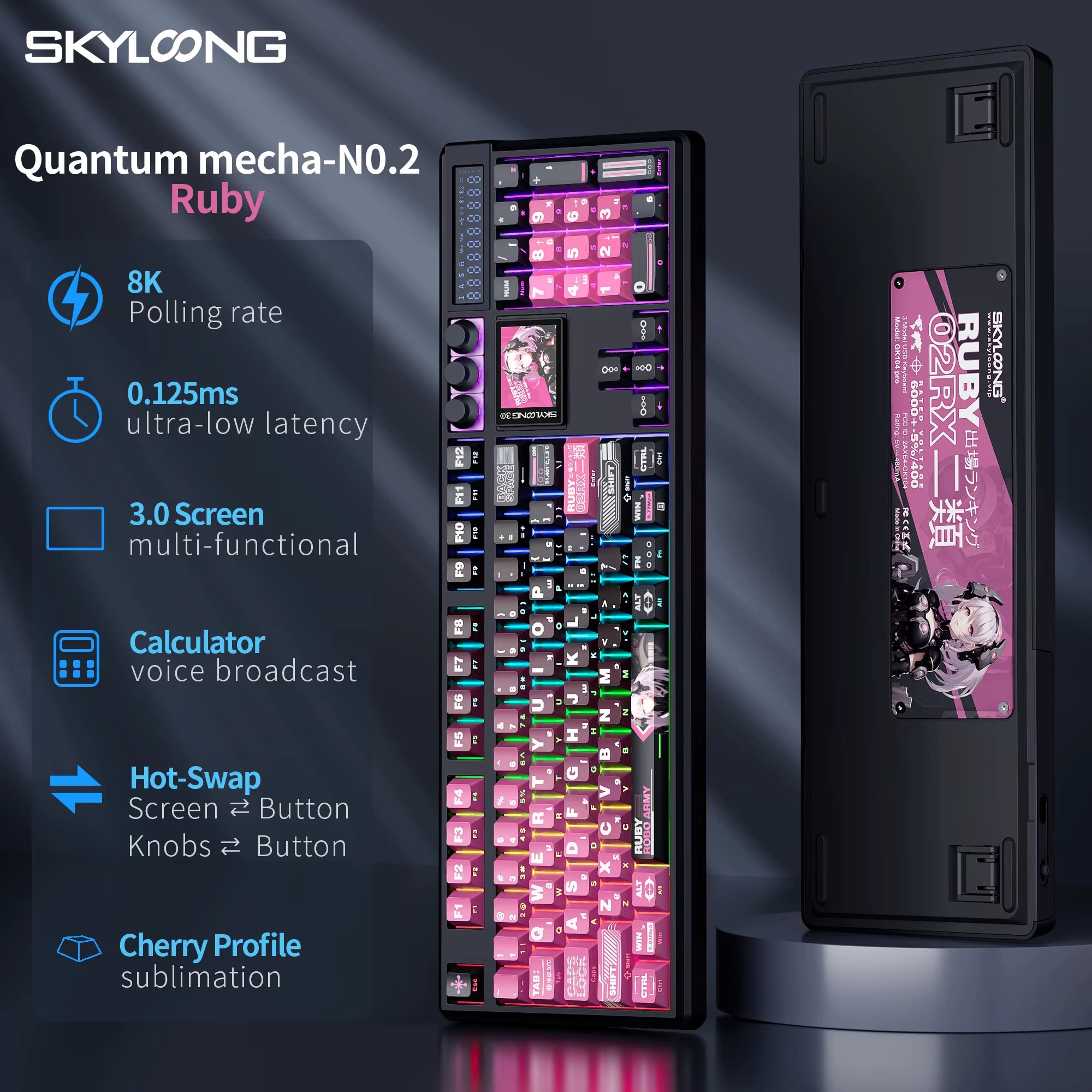SKYLOONG GK104 Pro Full-Size 3-Mode Wireless Mechanical Keyboard with 3.0 Screen 3 Knobs Hot-Swappable Silent Switch PBT Keycaps