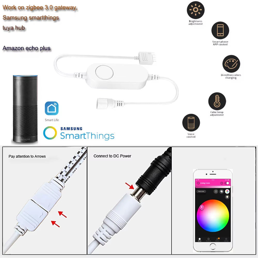 DC12V Zigbee Smart LED Strip RGB LED Strips Light Wireless Remote Control Support Tuya Smartthings Zigbee2Mqtt Echo Google Home